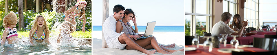 Kids splashing, couple with laptop, dining duo.